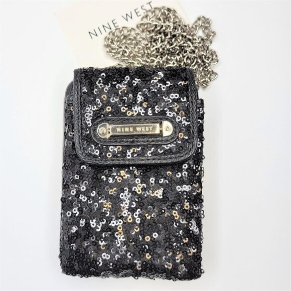Nine West Black Sequin Crossbody Purse Credit Card Purse Evening Bling Wristlet - Picture 1 of 16